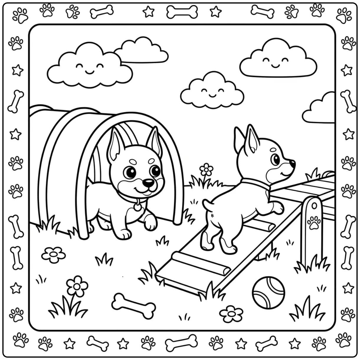 Cute Puppy Doberman coloring page in a dog park with tunnel.