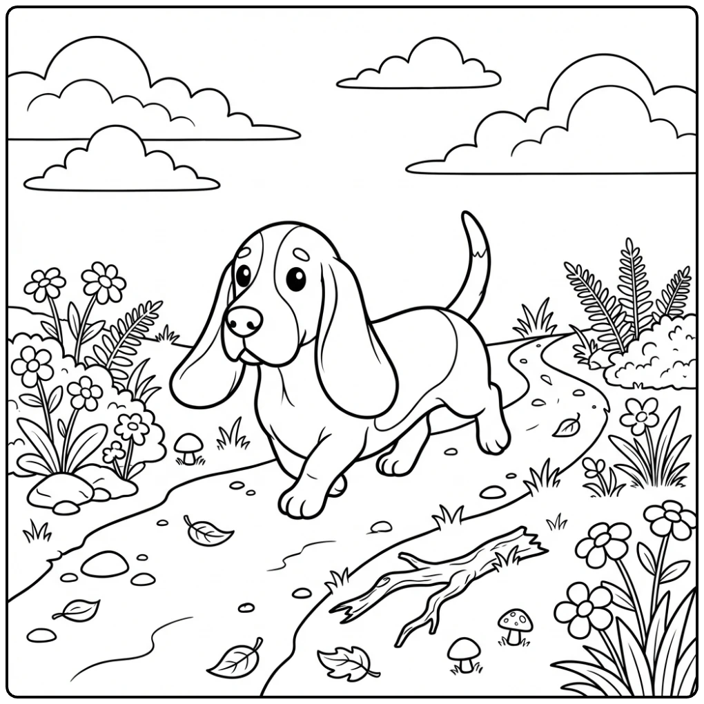 Realistic Basset Hound coloring page showing a trotting dog.