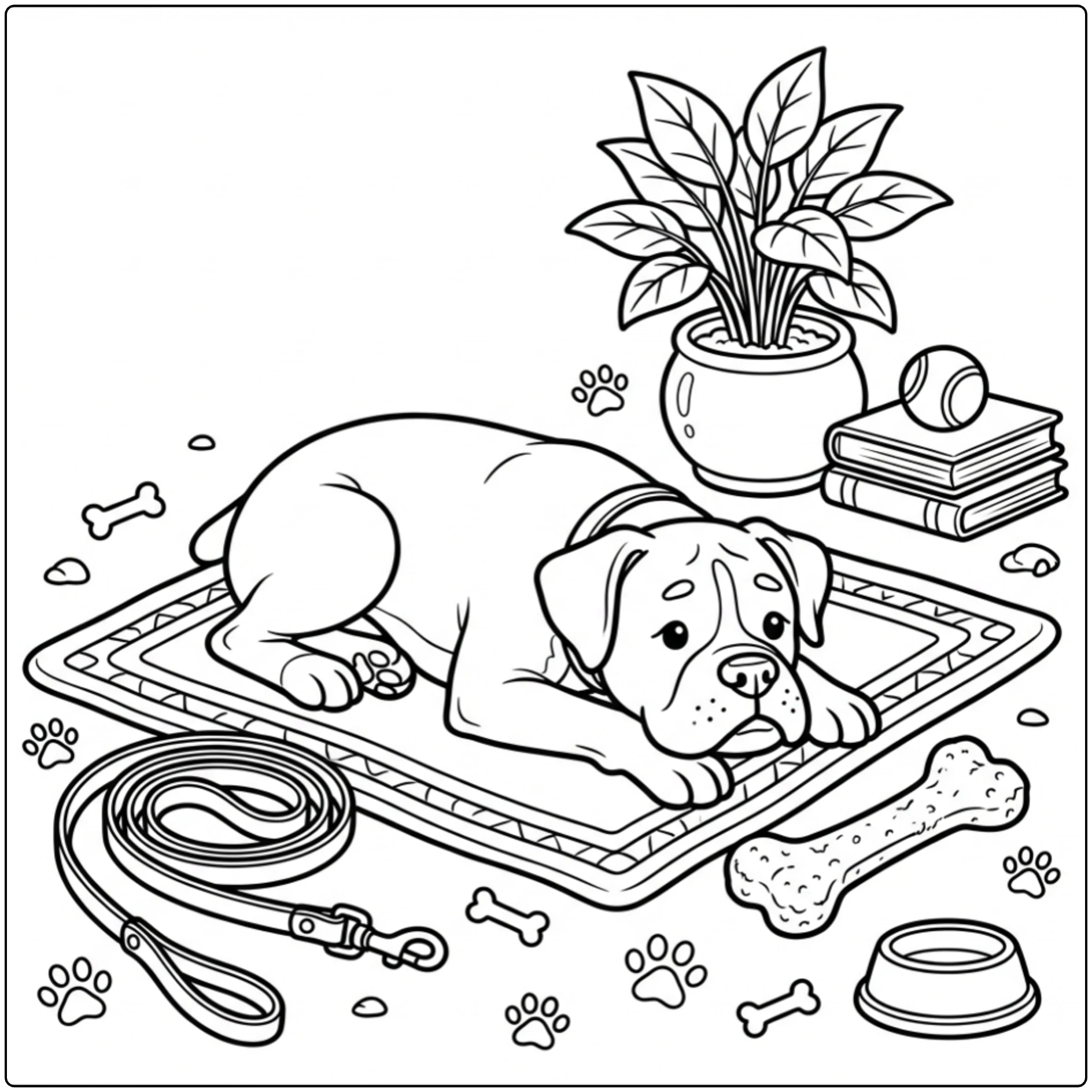 A realistic Boxer dog coloring page lying on a mat.
