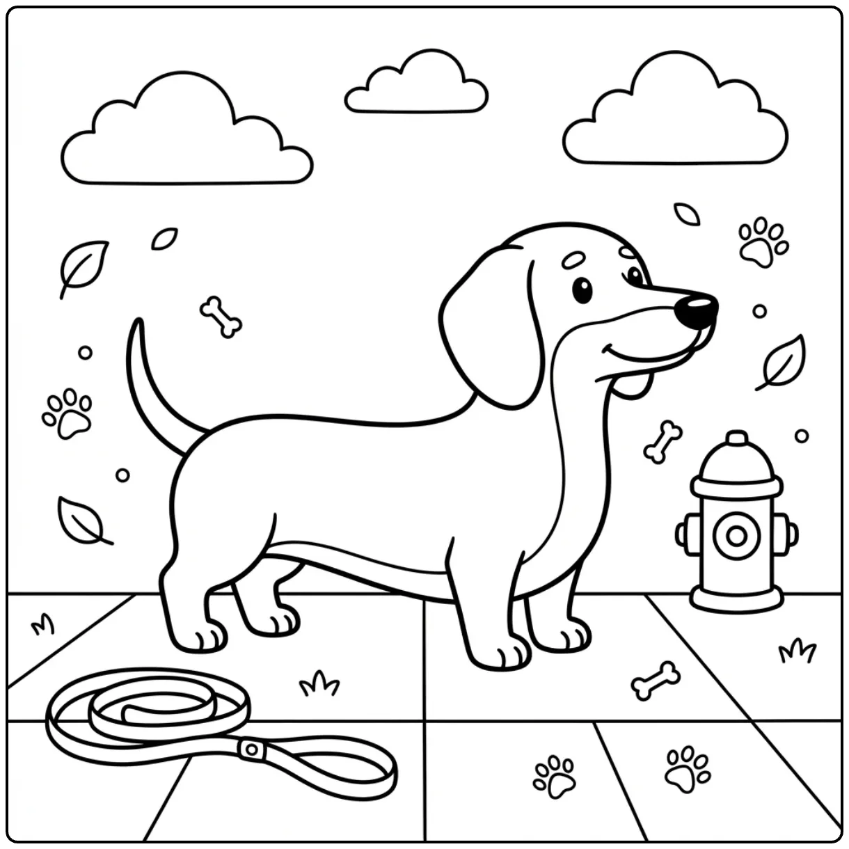 Realistic Dachshund coloring page with leash and hydrant.
