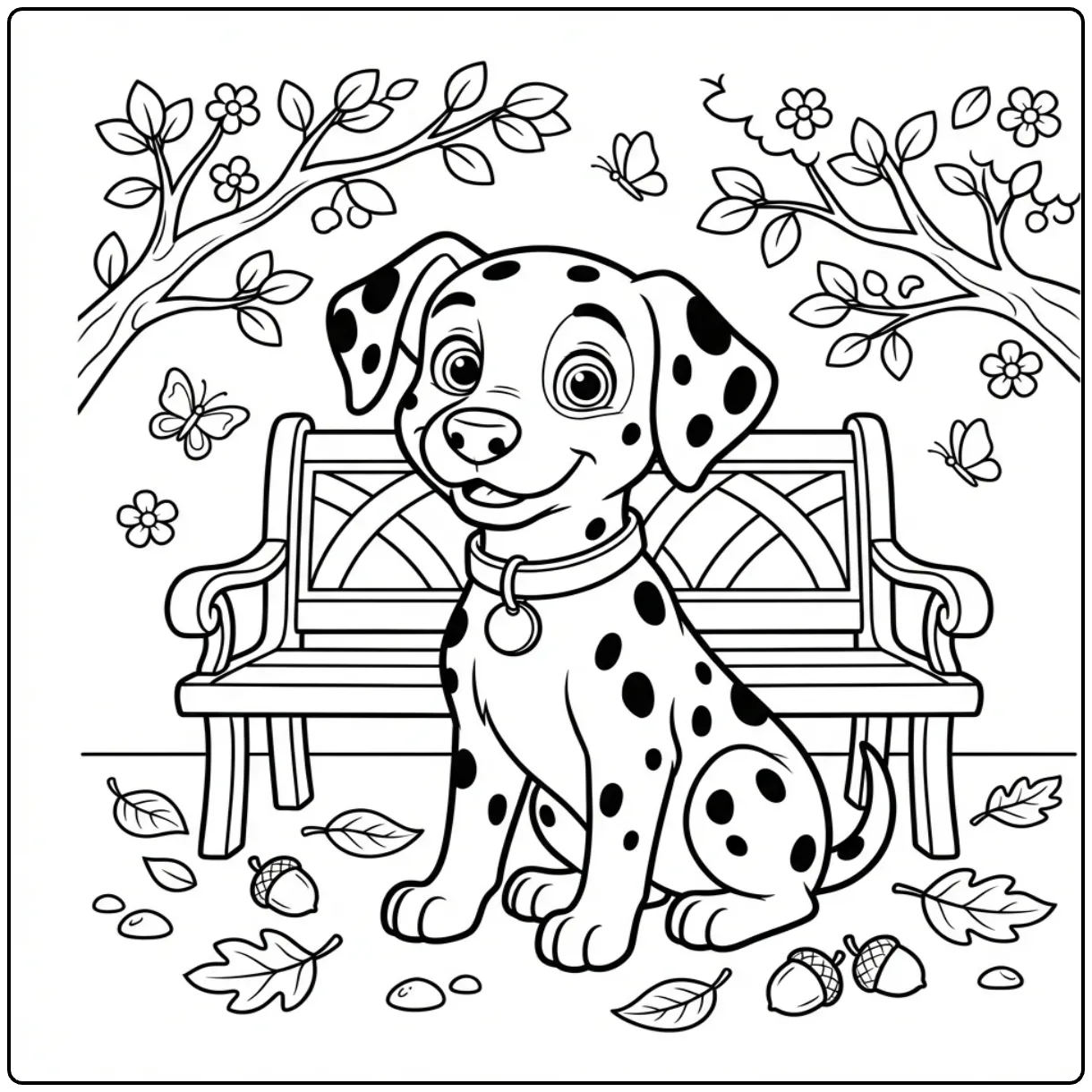 Realistic Dalmatian coloring page of a dog sitting in a park.