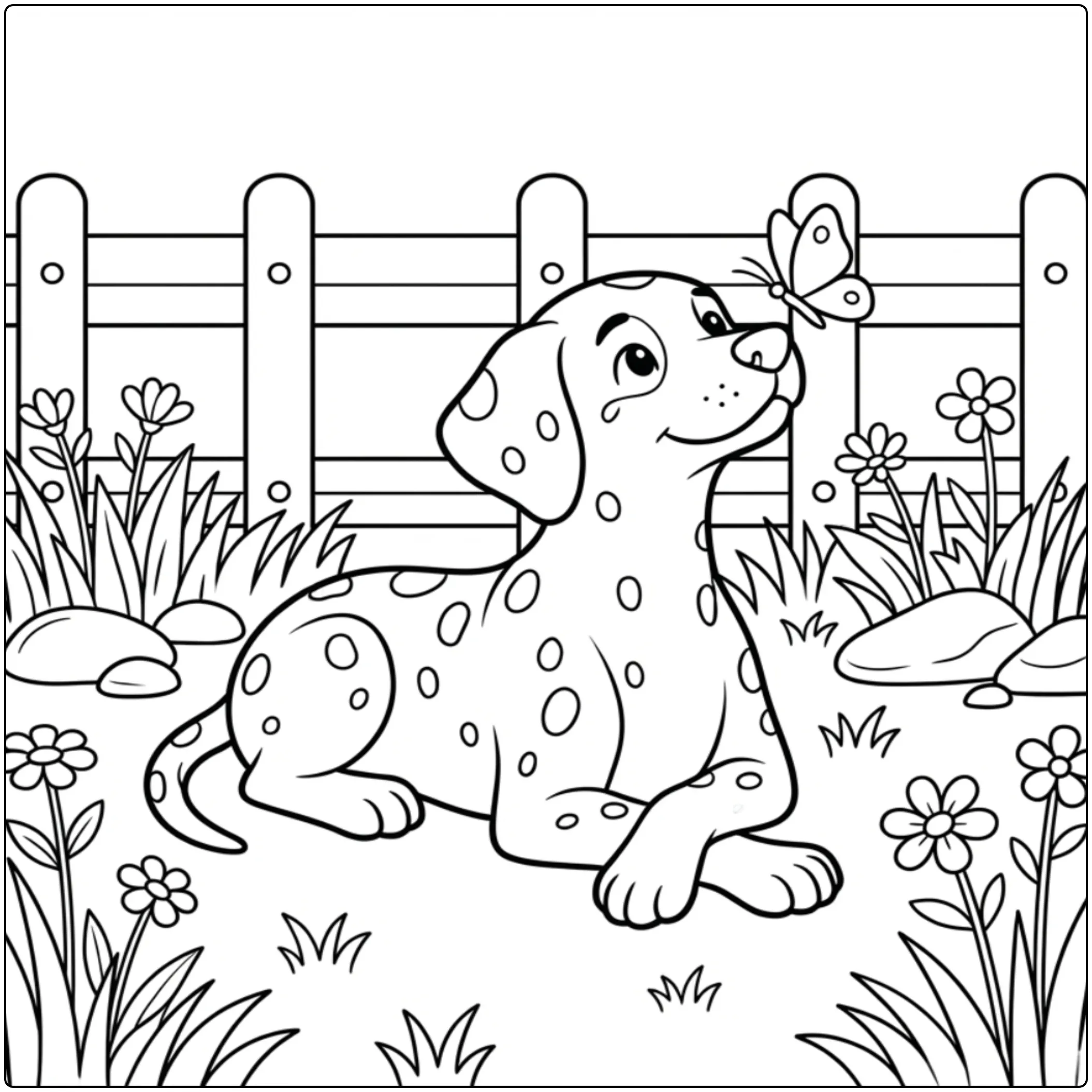 Realistic Dalmatian coloring page of a dog watching a butterfly
