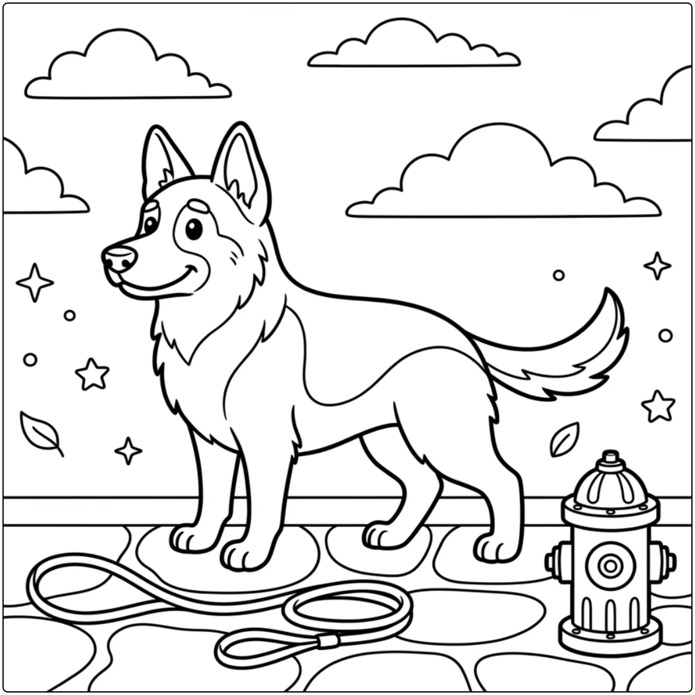 A realistic German Shepherd coloring page by a fire hydrant.