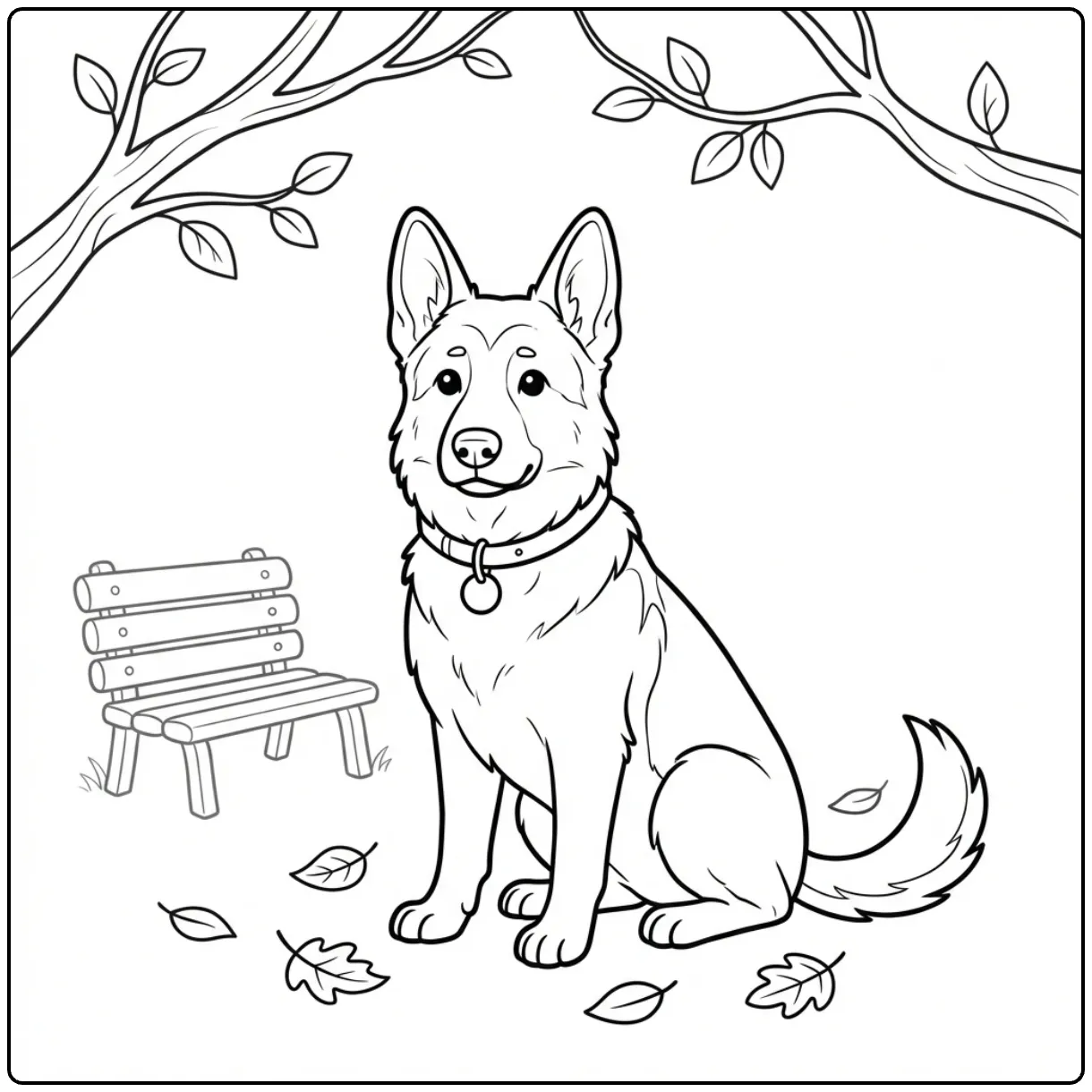Cute realistic German Shepherd coloring page sitting by leaves