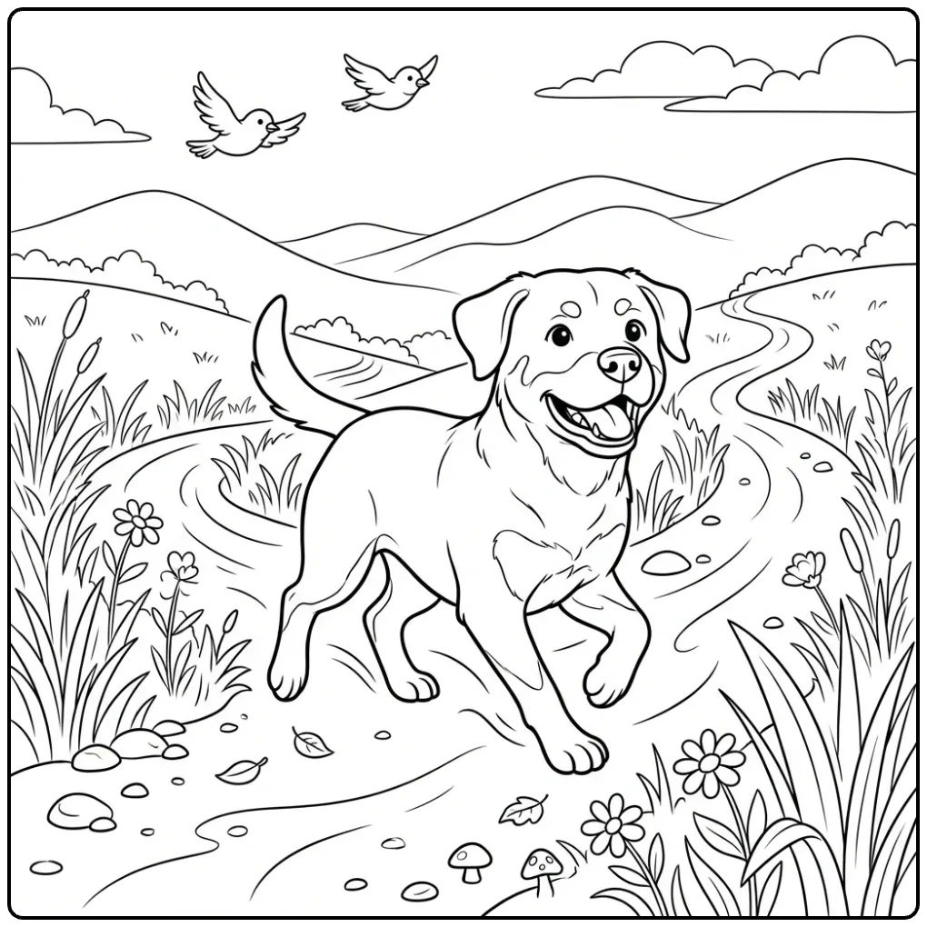 Realistic Rottweiler coloring page of a dog running on a path