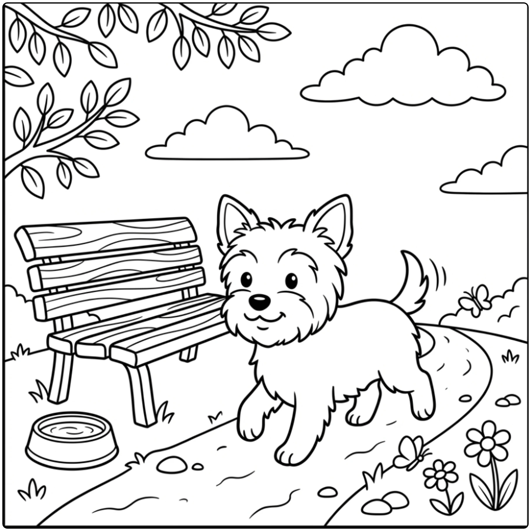 Cute realistic Yorkie coloring page trotting in a sunny park.