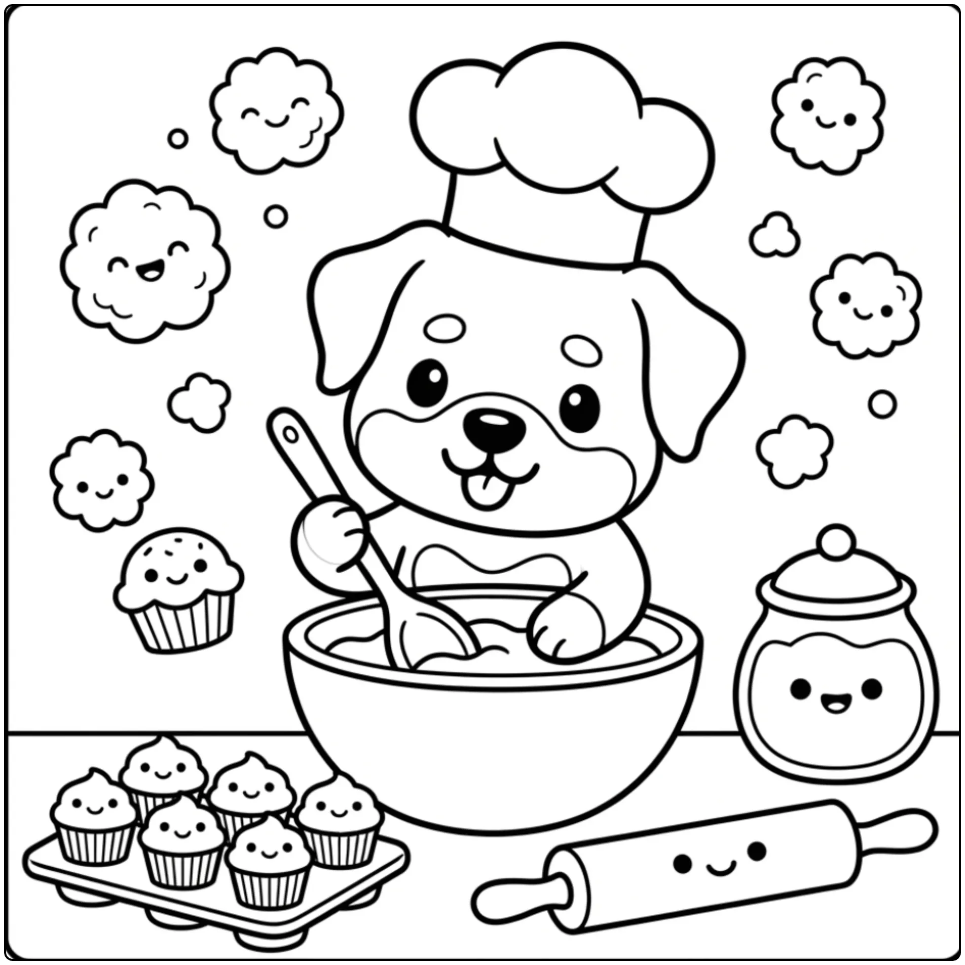 Cute chef puppy baking scene on this Rottweiler coloring page.