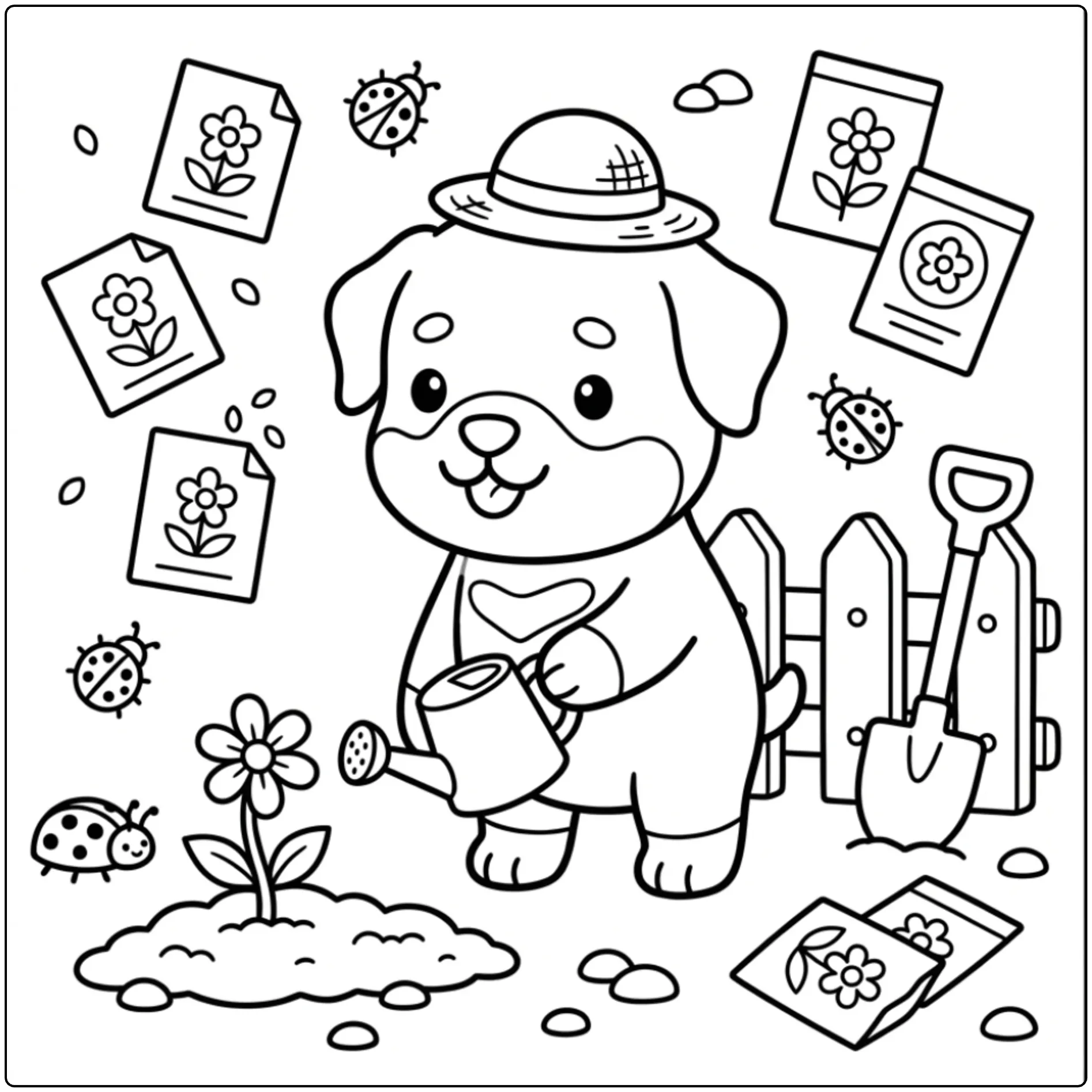 Cute gardening puppy on a Rottweiler coloring page.