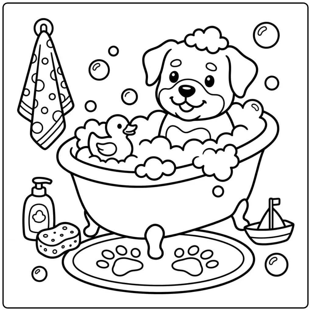 Cute puppy in a bubble bath Rottweiler coloring page.