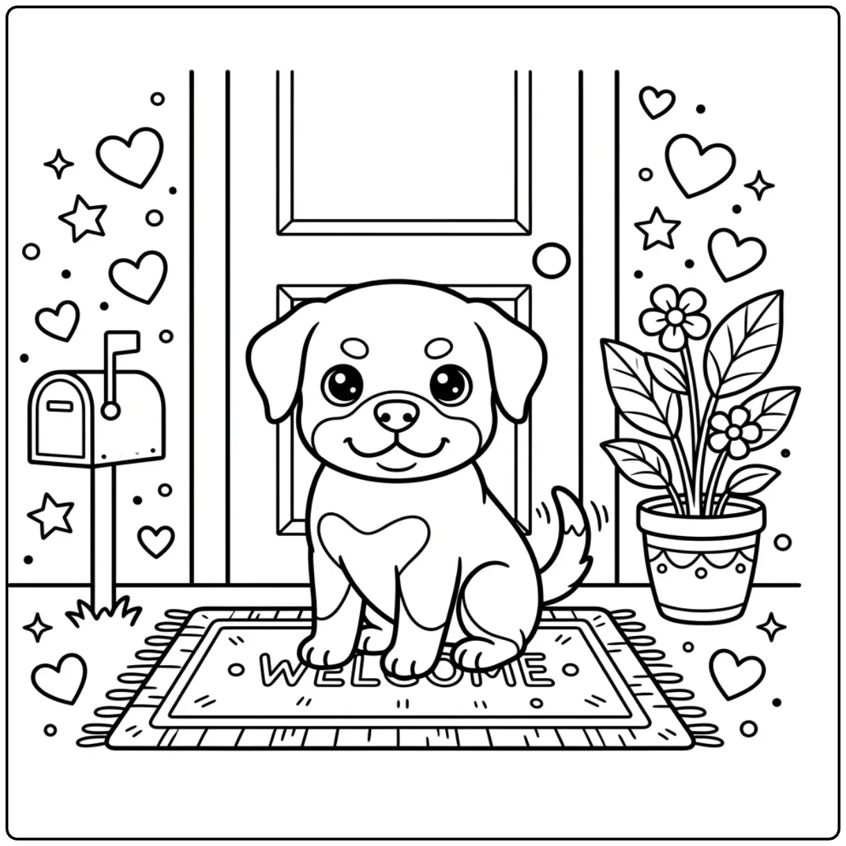 Cute Rottweiler puppy coloring page sitting on a mat.