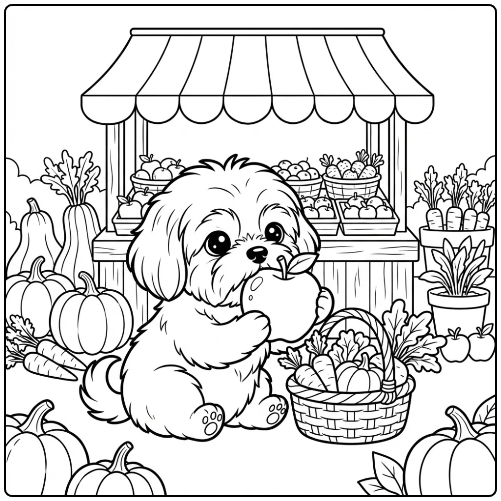 Cute Shih Tzu coloring page sniffing apple at farmer market.