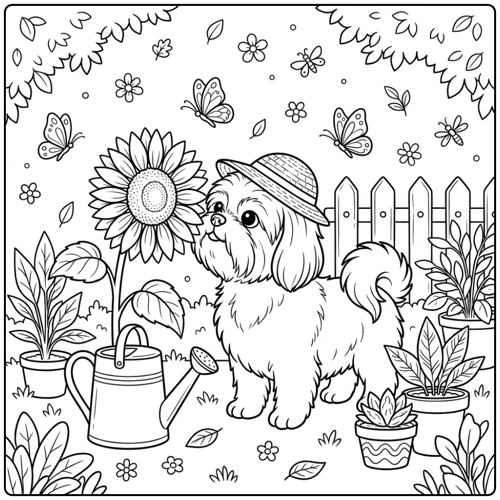 Cute garden Shih Tzu coloring page with hat and sunflower.
