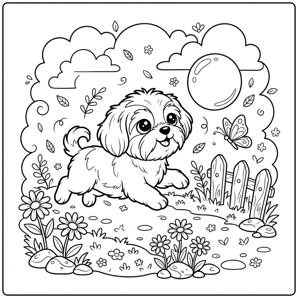 Cute Shih Tzu Puppy coloring page chasing bubbles in a garden