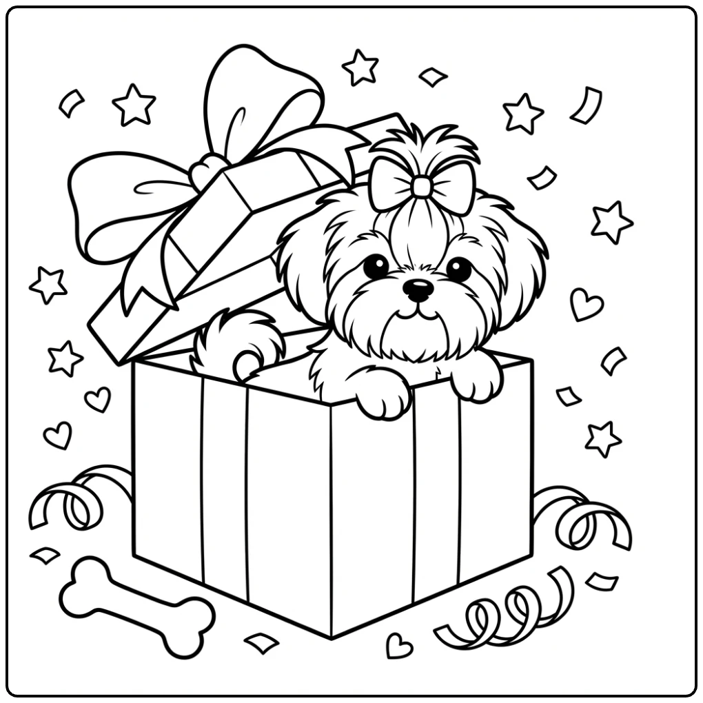 Cute Shih Tzu Puppy coloring page in a gift box with hearts.