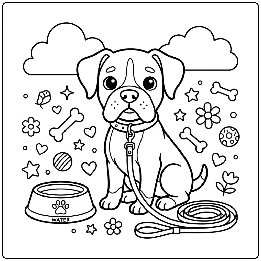 Cute simple boxer dog coloring page with leash and bowl.