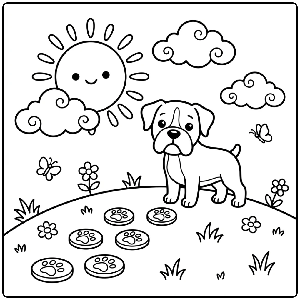 Cute simple boxer dog coloring page with sun and paw prints.