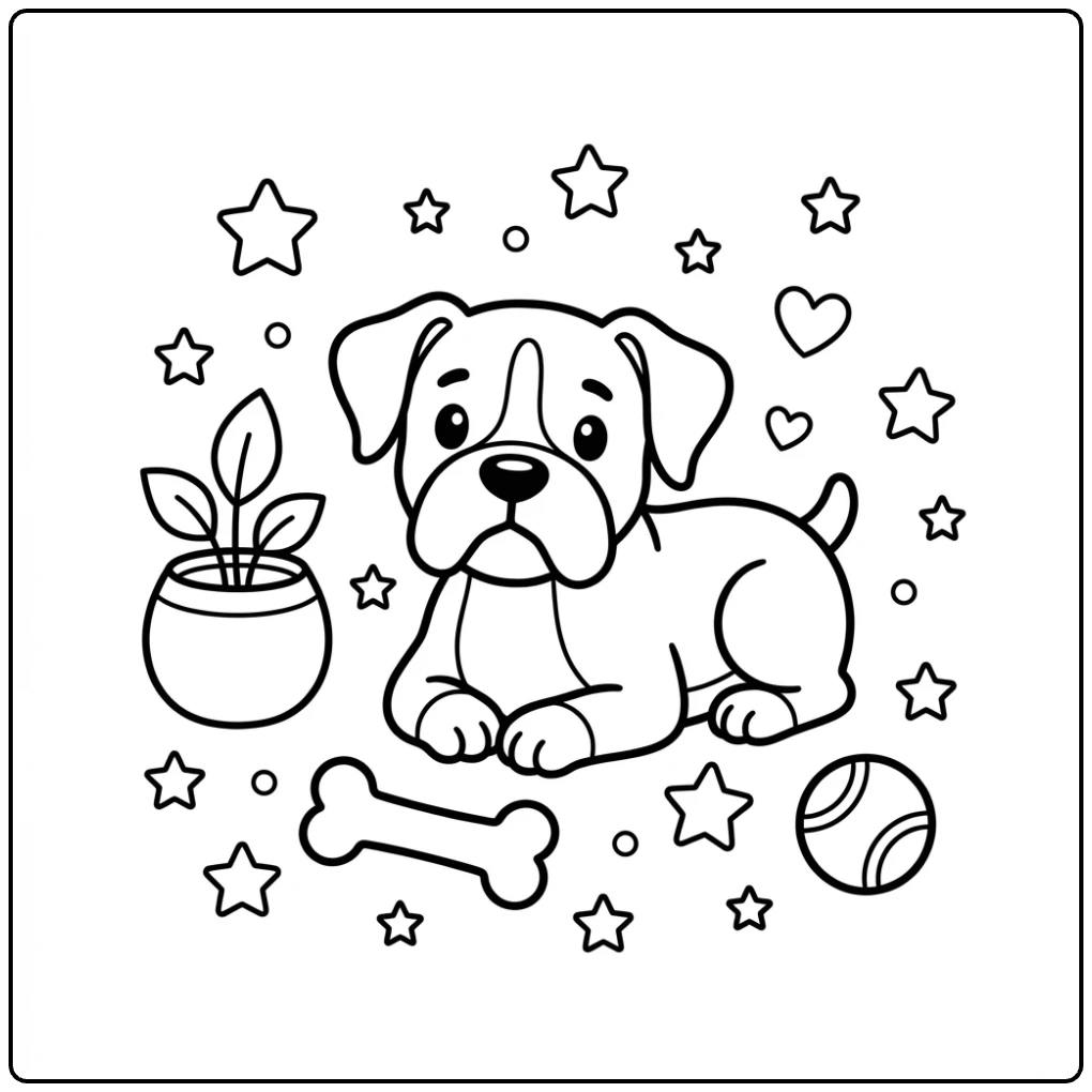 A simple boxer dog coloring page lying by a bone and ball.