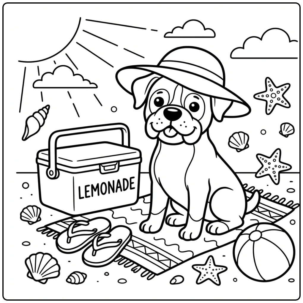 Cute summer boxer dog coloring page with hat and lemonade