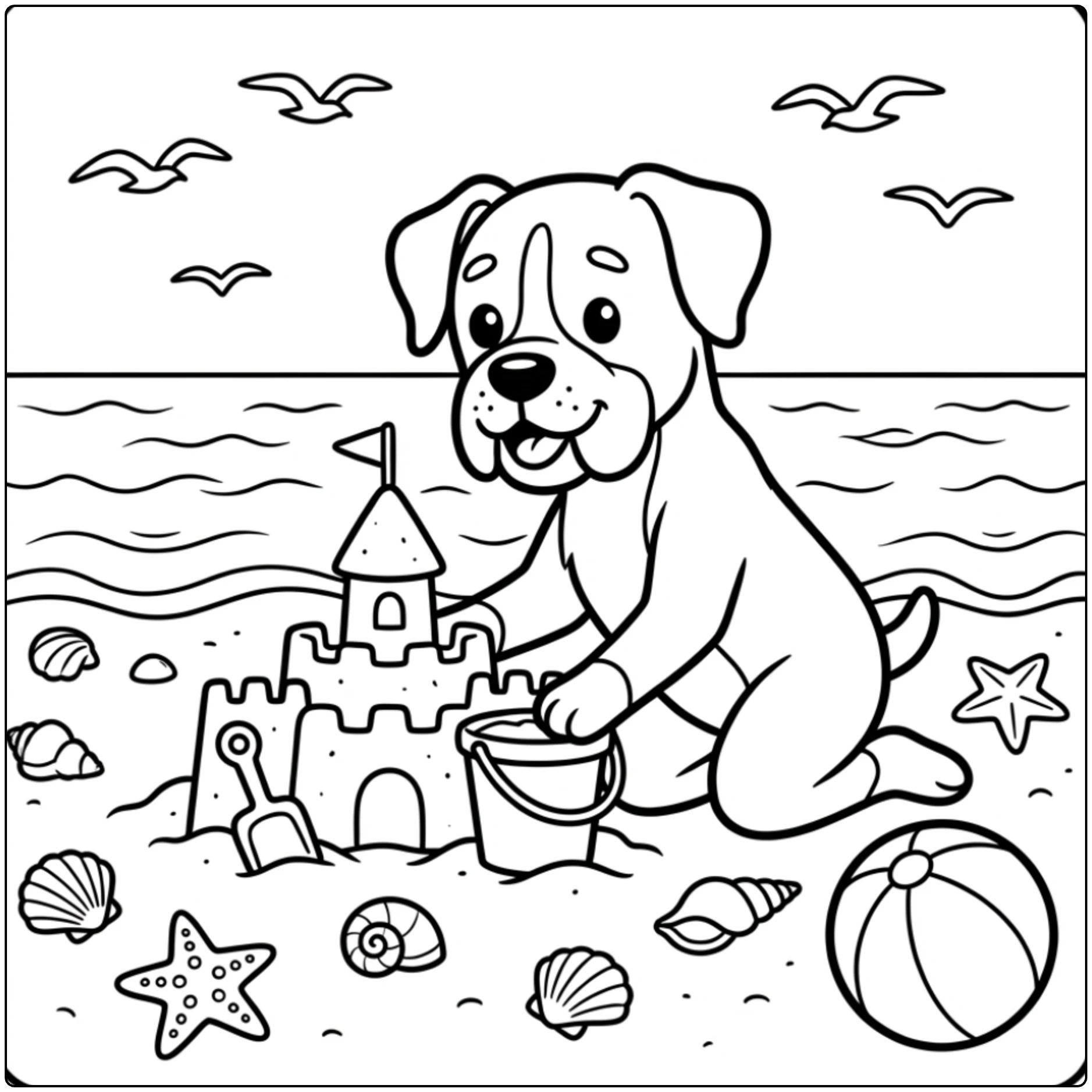Cute summer boxer dog coloring page building a sandcastle.