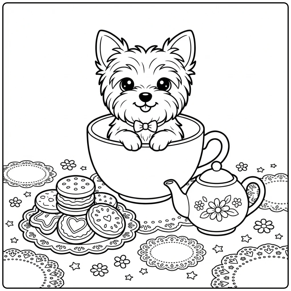 Cute Teacup Yorkie coloring page with bow tie and cookies