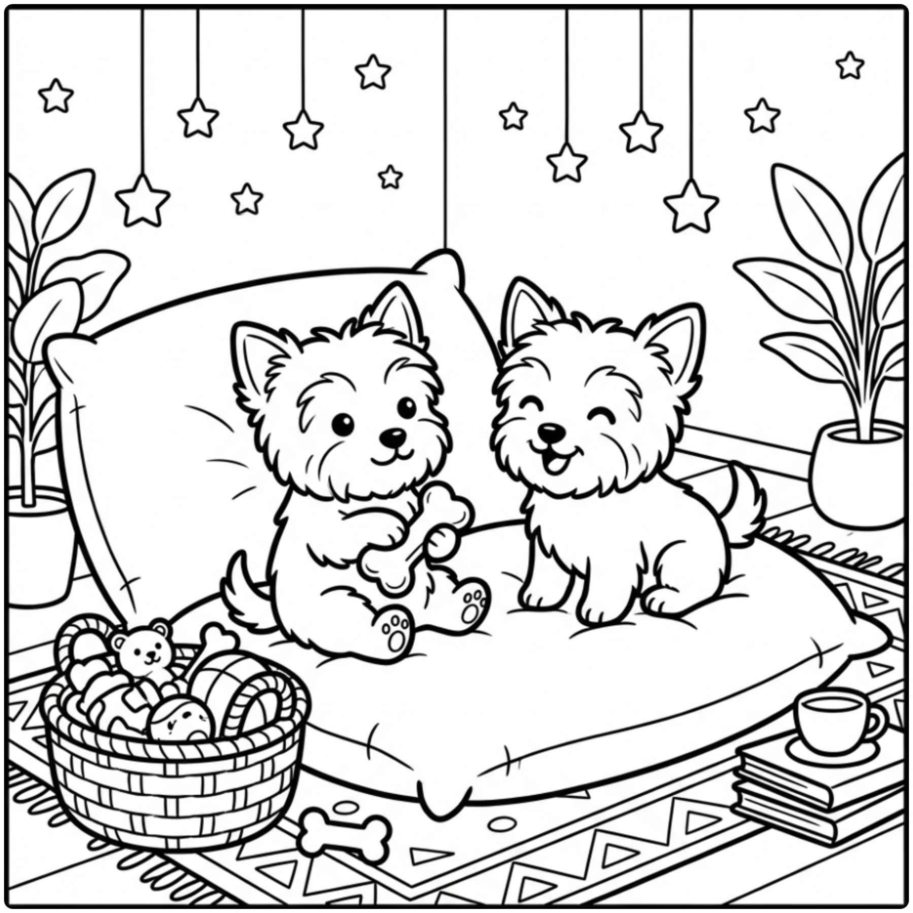 Cute Yorkie Poo coloring page sharing a pillow with a toy.