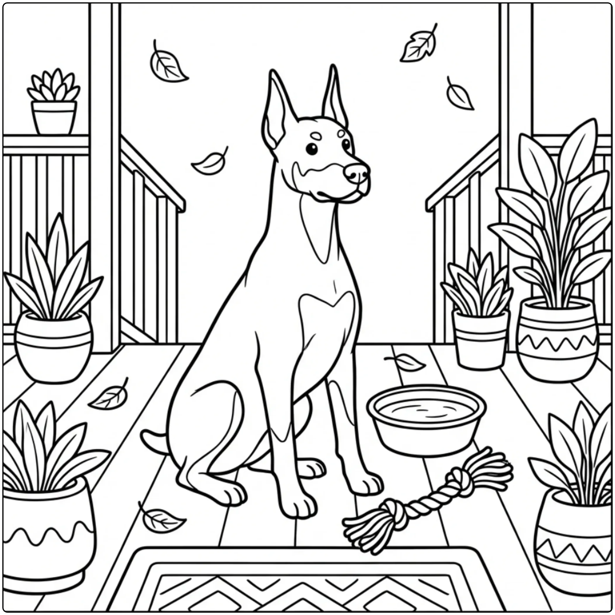 Cute alert Doberman coloring page sitting on a cozy porch.