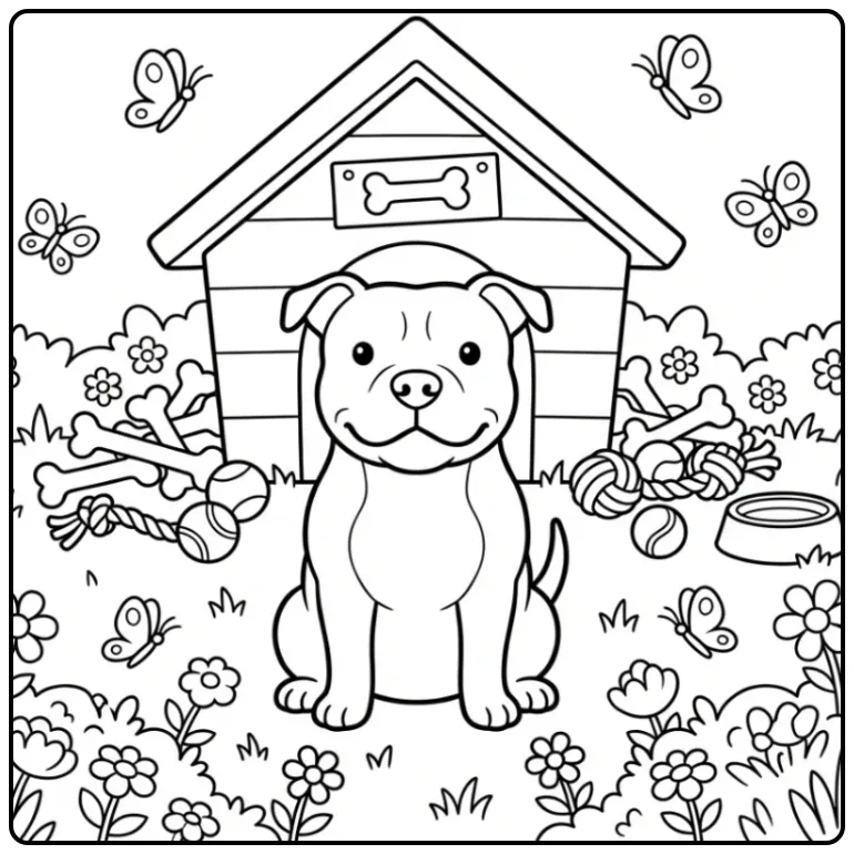 A cute cartoon Pitbull Coloring Page with a doghouse and toys.