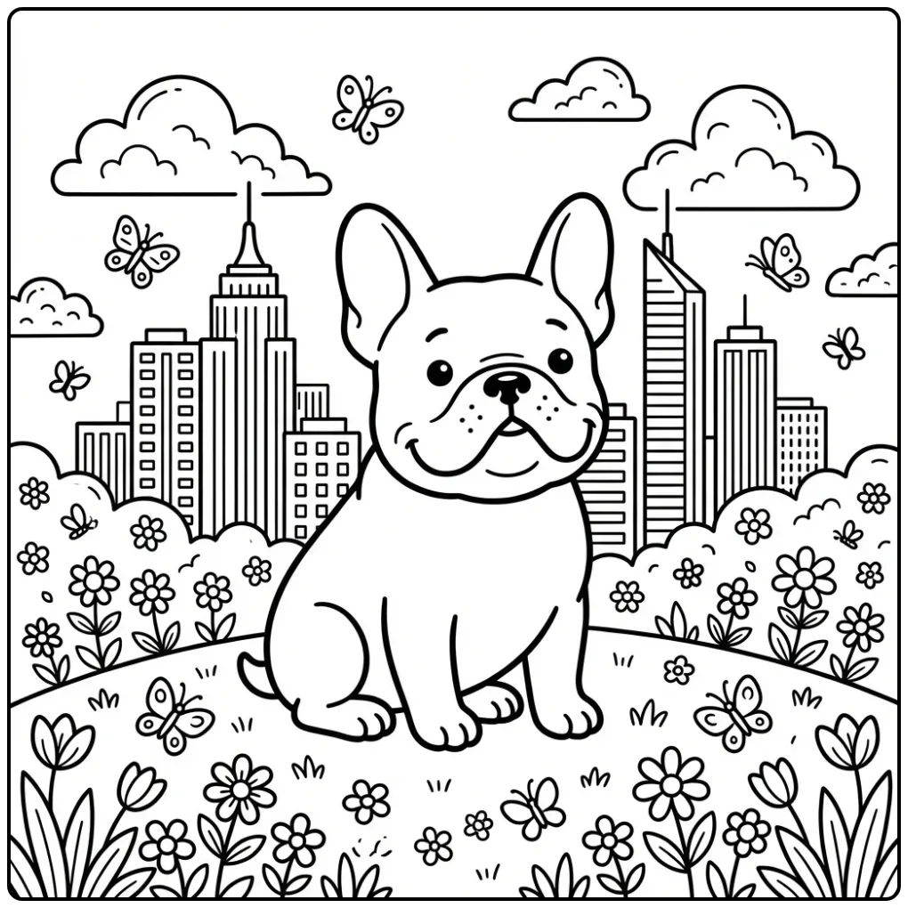 A cute Realistic French Bulldog Coloring Page on a grassy hill.