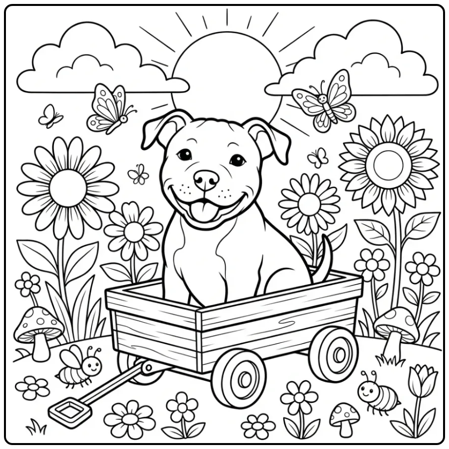 An adorable puppy in a wagon, a fun Pitbull Coloring Page.