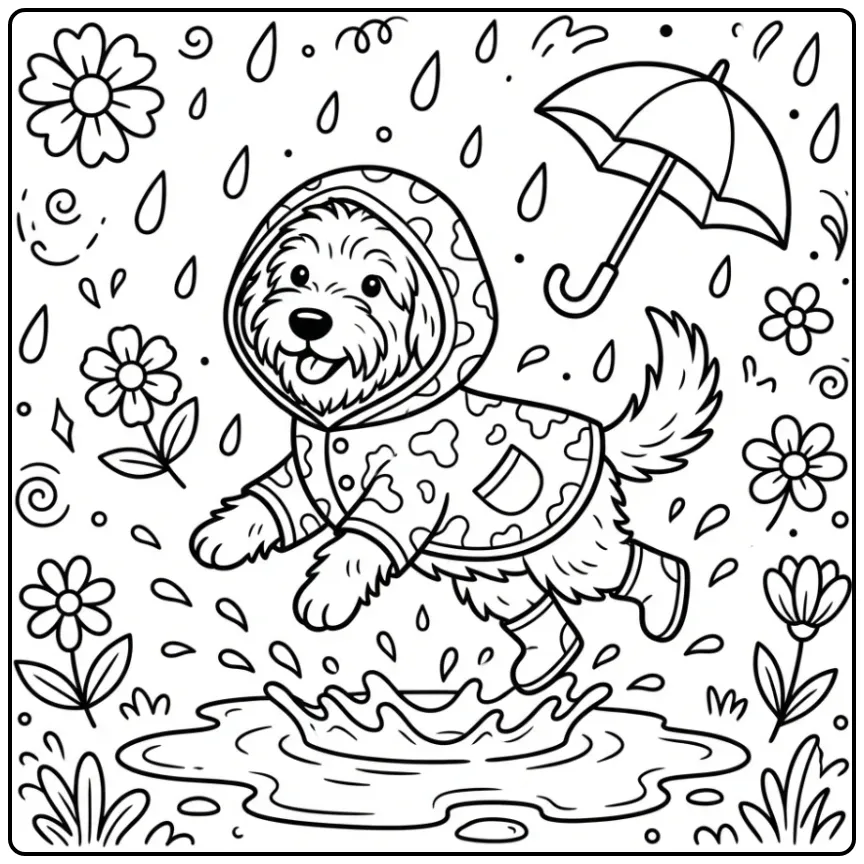 A happy puppy in a raincoat for a Doodle Dog Coloring Page.