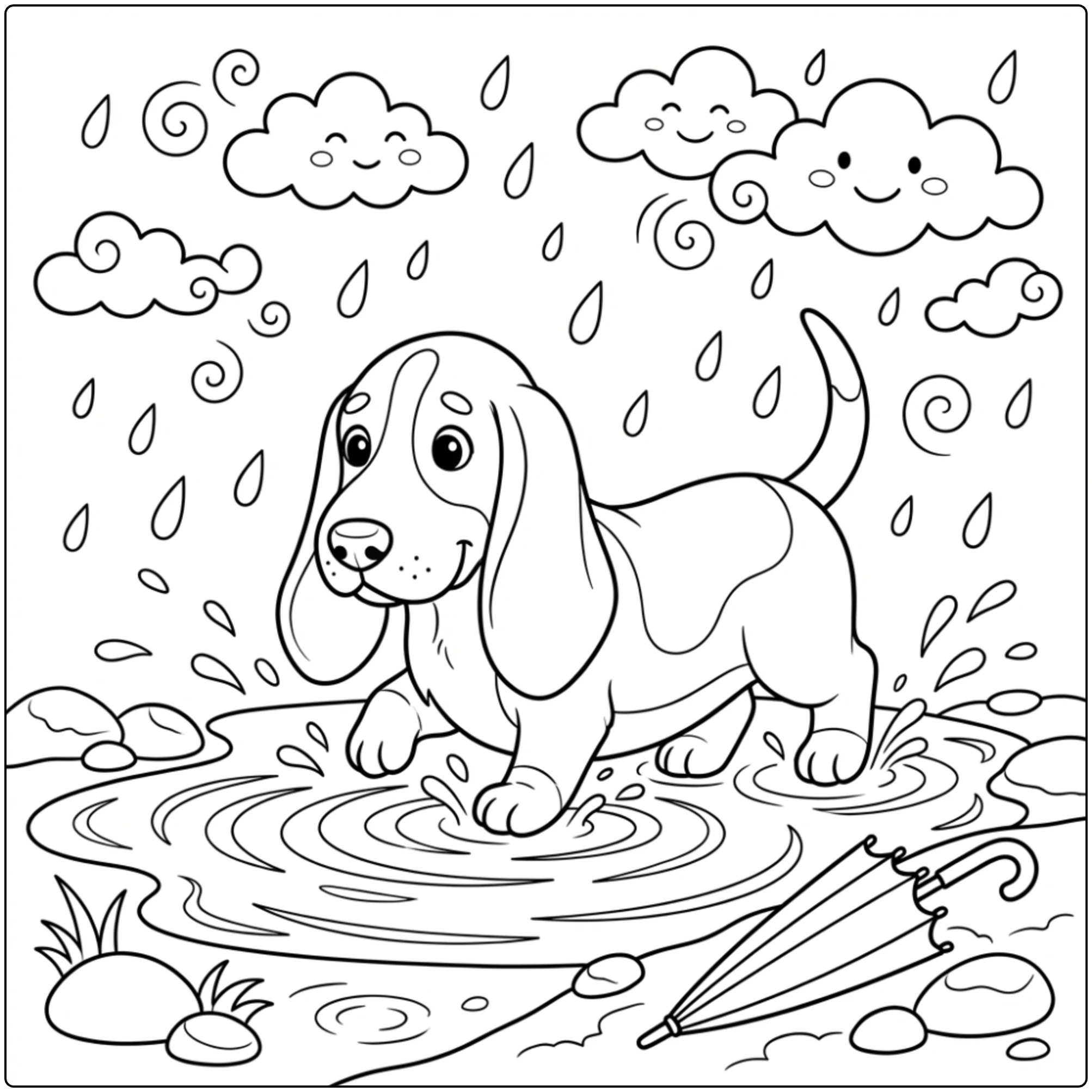 Cute dog with umbrella on a Basset Hound coloring page.