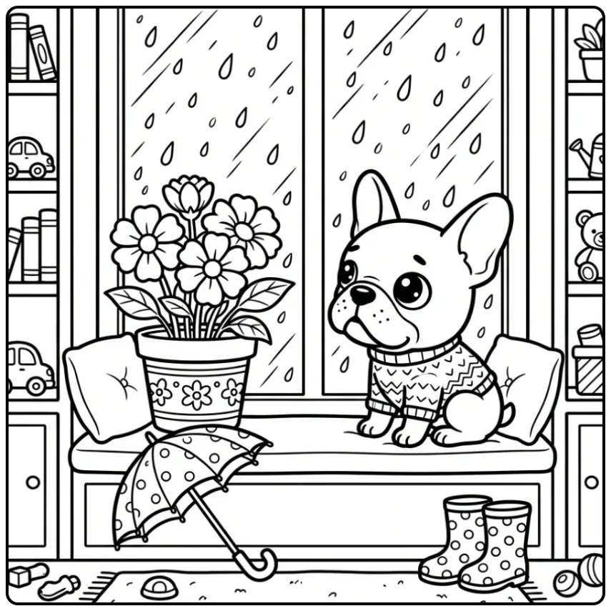 A cute French Bulldog Coloring Page with a puppy by a window.