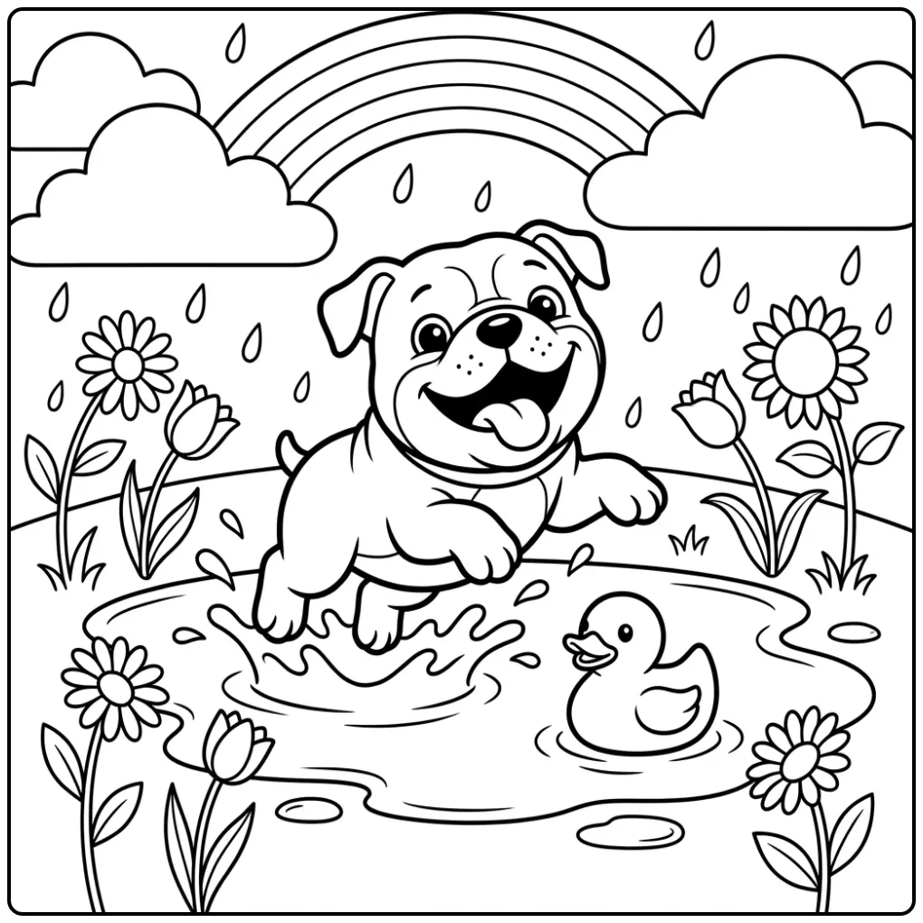 A joyful Cute Bulldog Coloring Page splashing in a puddle.