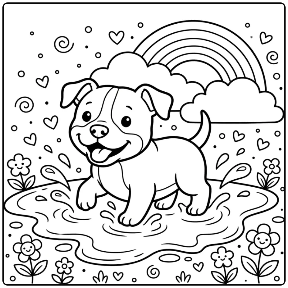 A cute puppy splashing in a puddle Pitbull Coloring Page.