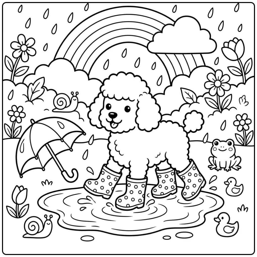 A happy poodle splashing in a puddle, a Poodle Coloring Page.