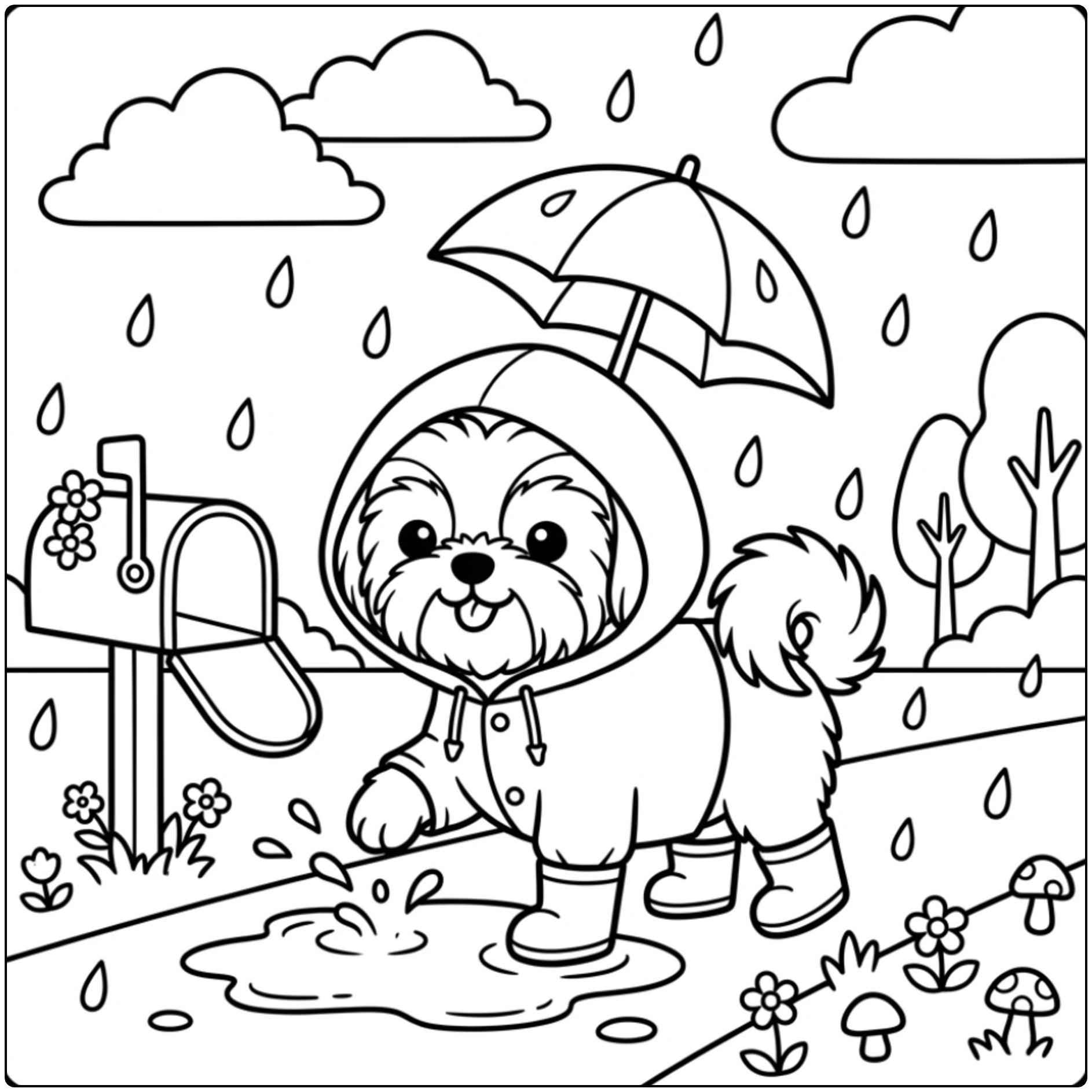 Cute Shih Tzu coloring page with raincoat and boots
