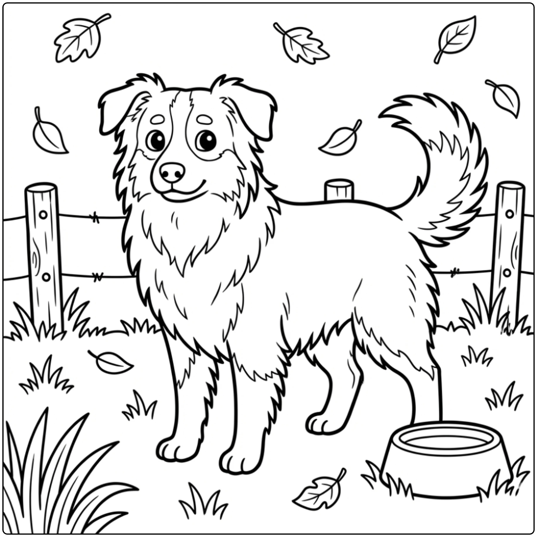 Cute realistic Australian Shepherd coloring page in grass.