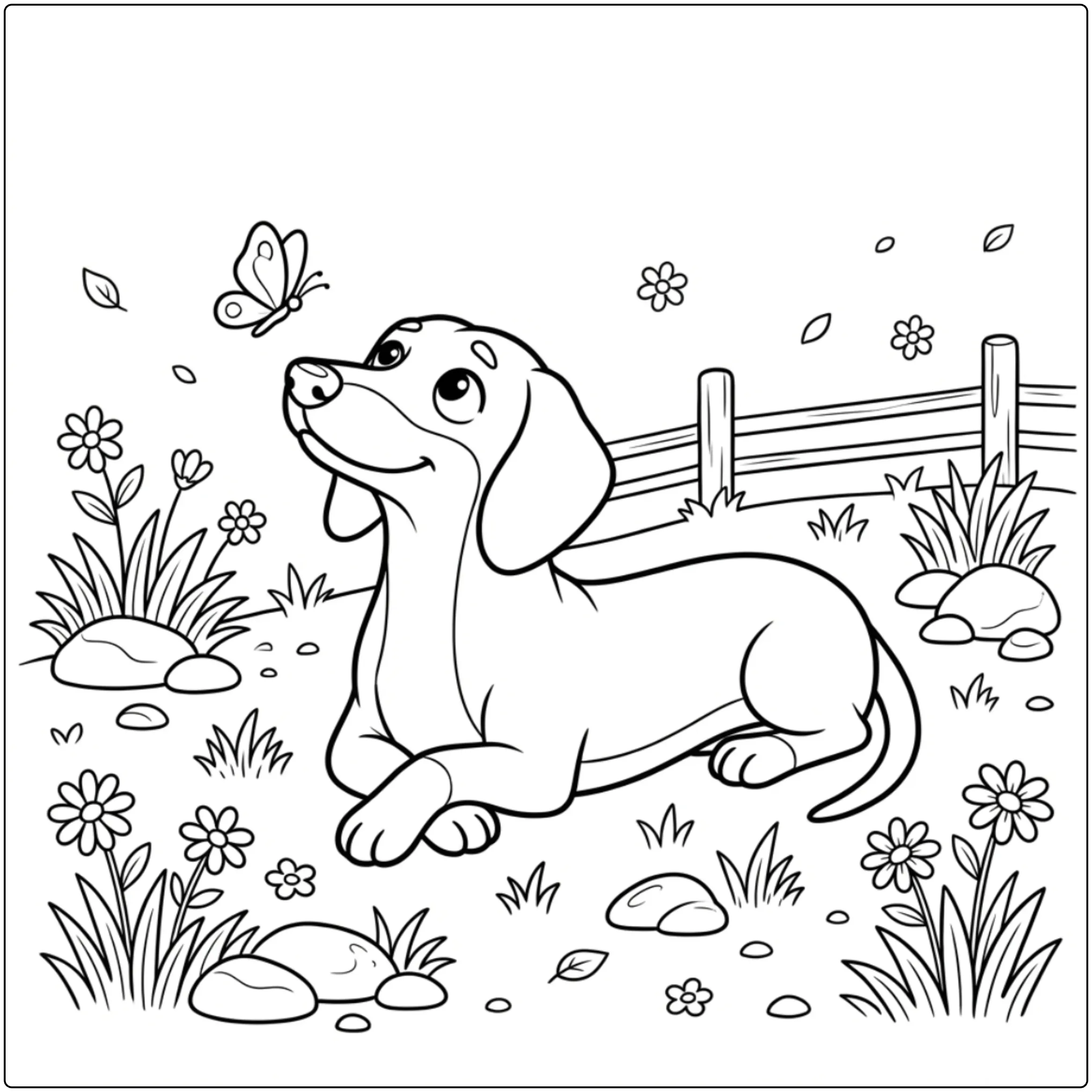 Cute Realistic Dachshund coloring page lying on grass.