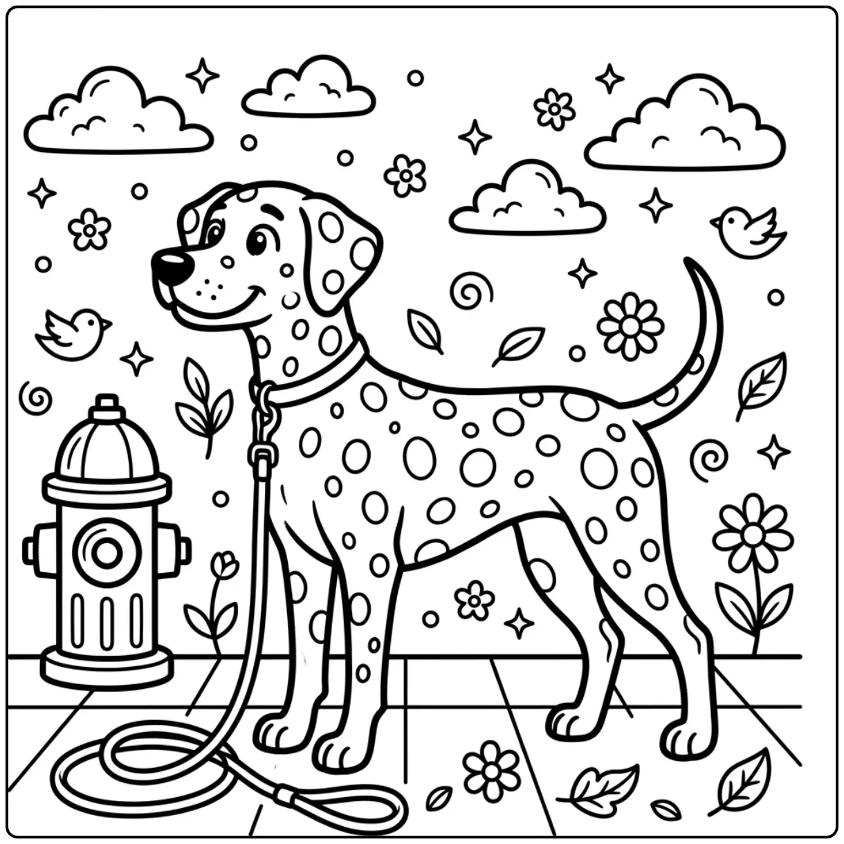 A Realistic Dalmatian coloring page showing a dog by a hydrant.
