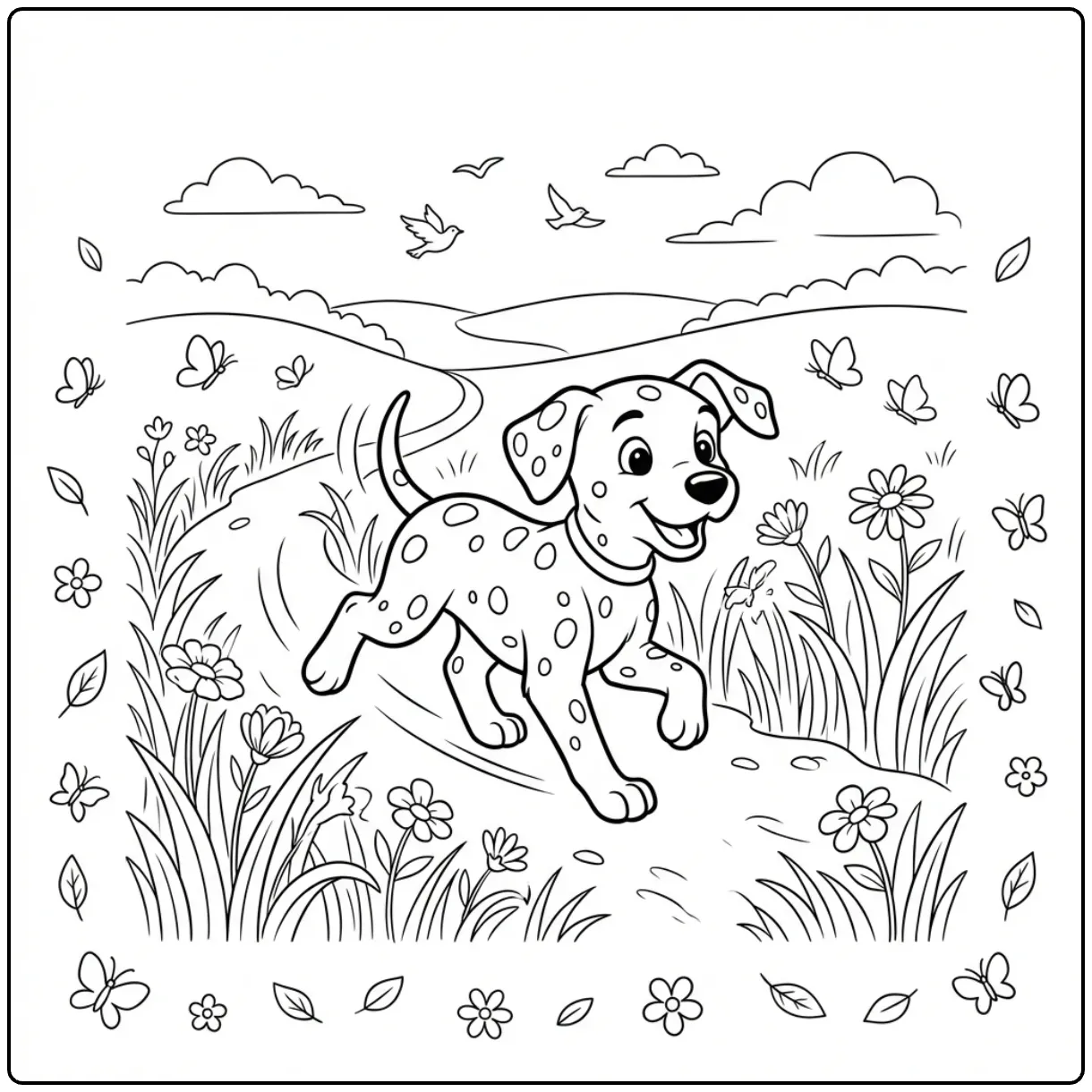 Realistic Dalmatian coloring page showing a happy running dog.