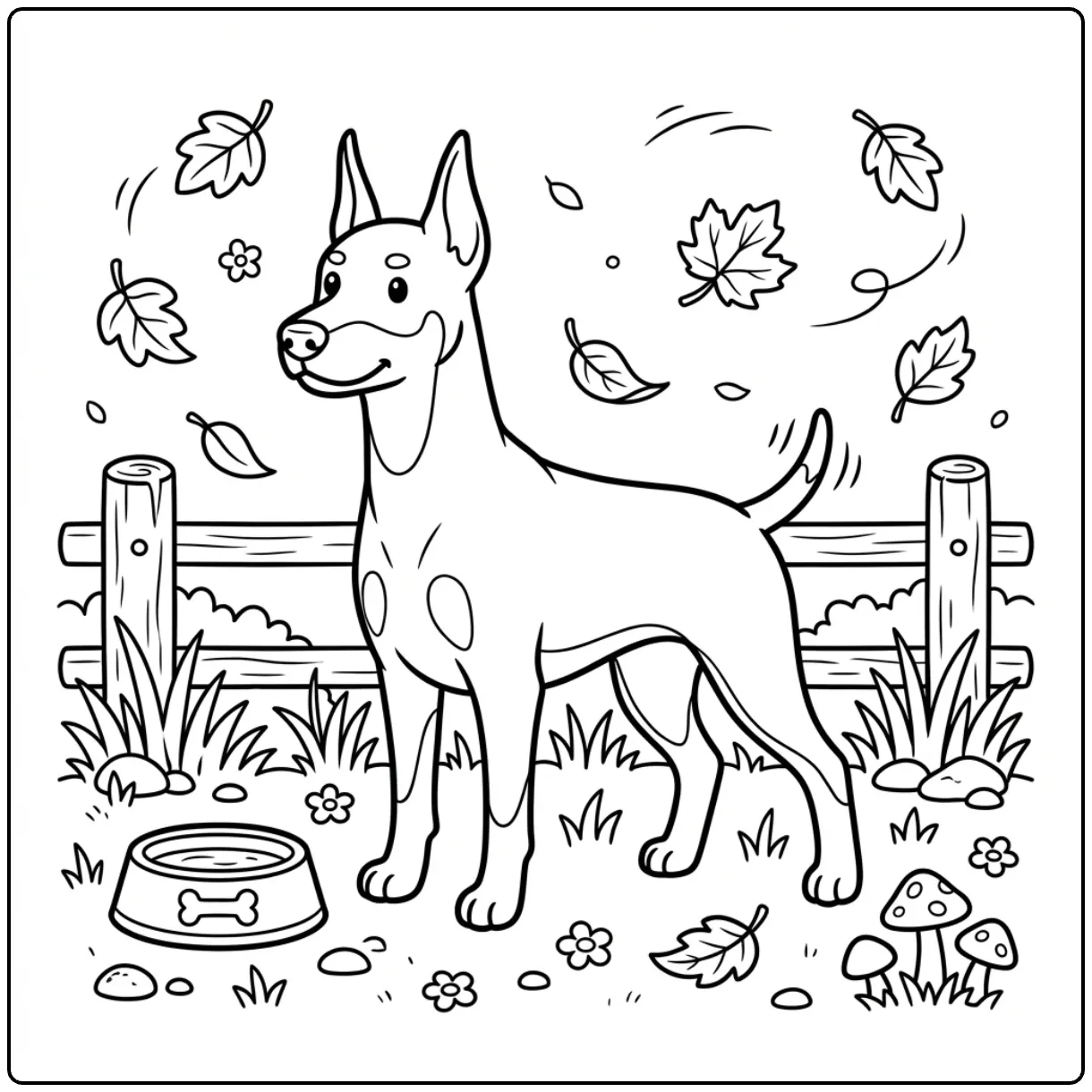Cute Realistic Doberman coloring page standing near a fence.