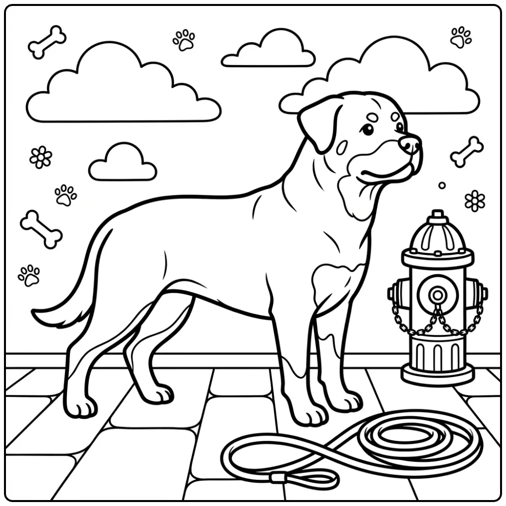 Realistic Rottweiler coloring page of a dog by a fire hydrant.