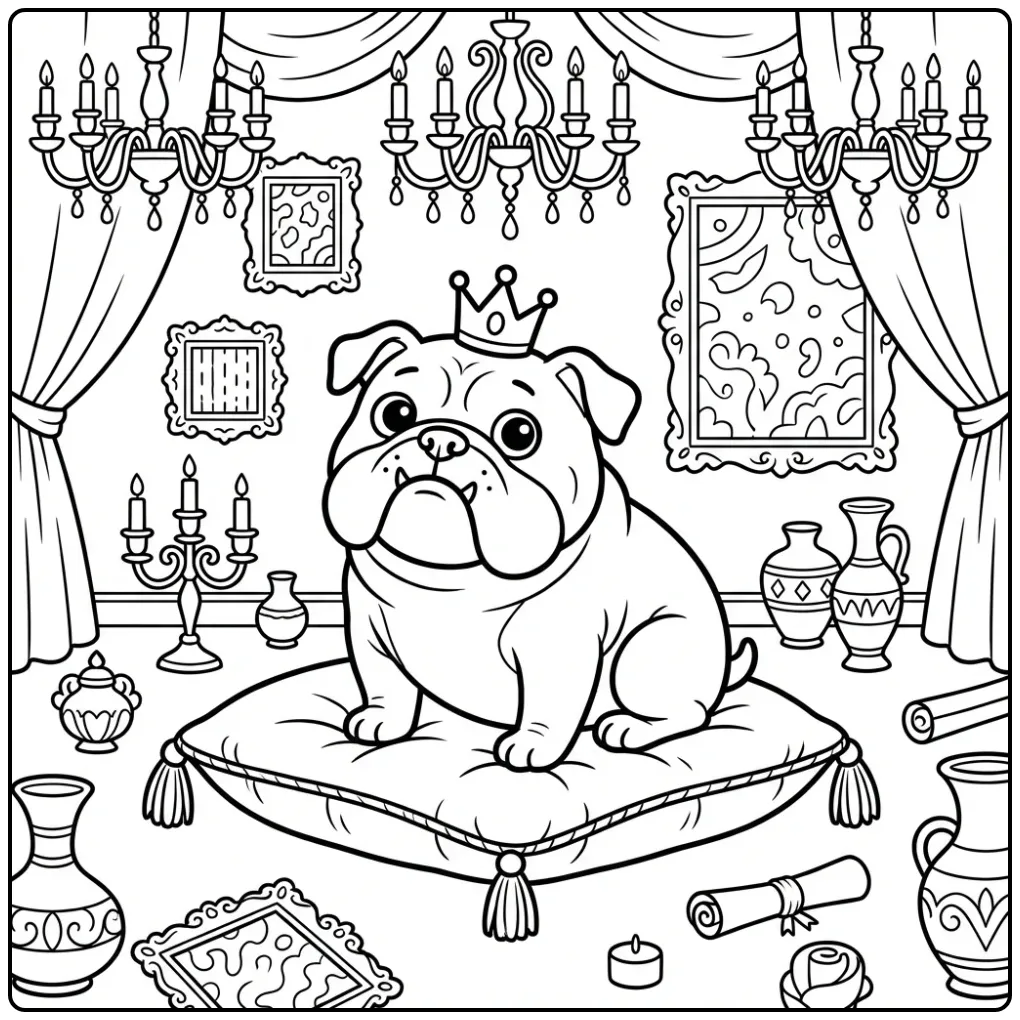A cute royal Bulldog Coloring Page with a tiny crown.