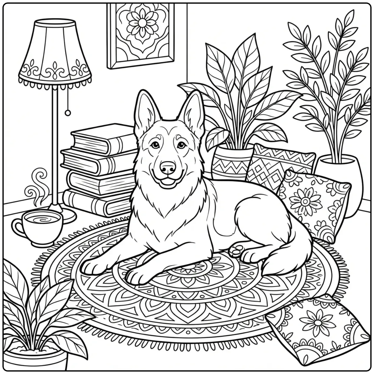 Cozy German Shepherd coloring page for adults with books.