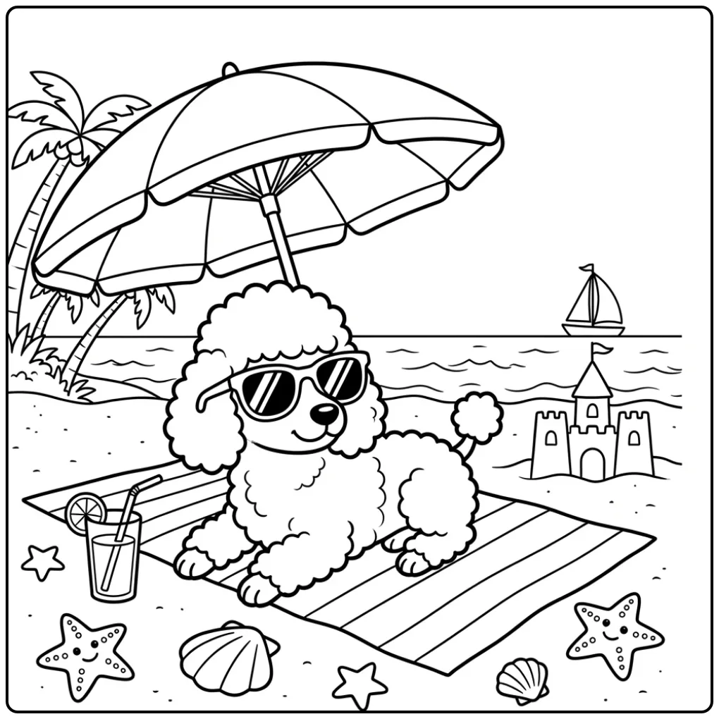 A cute cartoon Summer Beach Poodle Coloring Page with sunglasses.