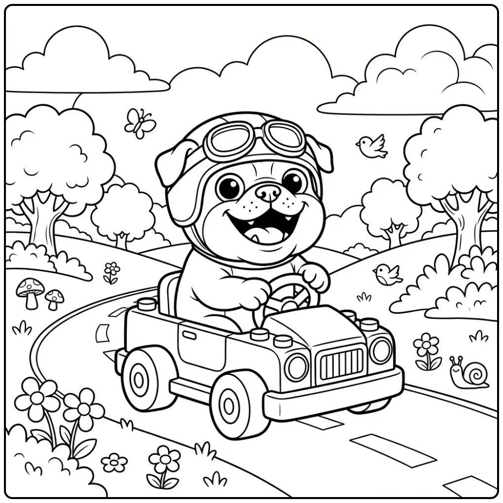 An adventurous Bulldog Coloring Page of a happy dog in a car.