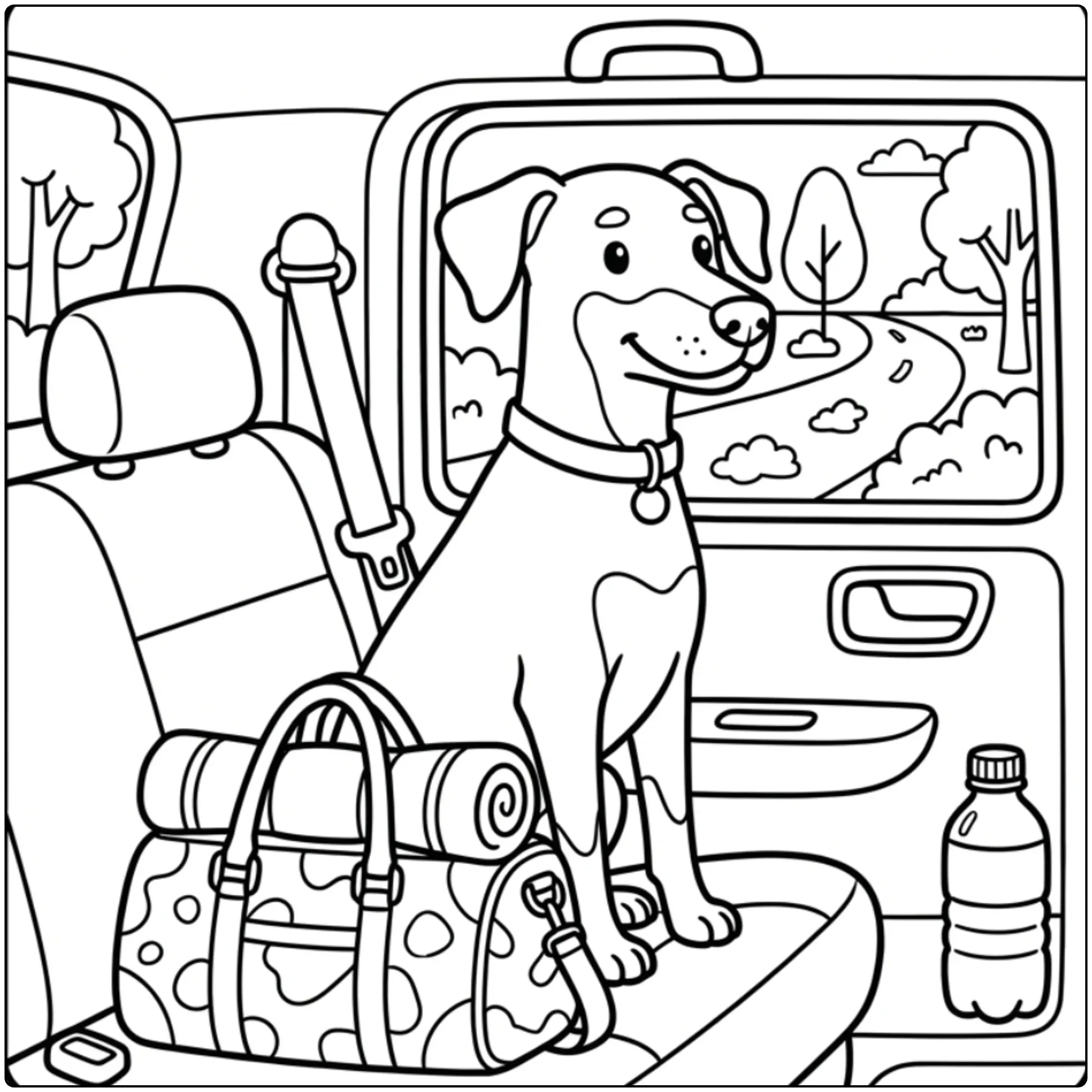 Cute traveling Doberman coloring page in a car back seat.