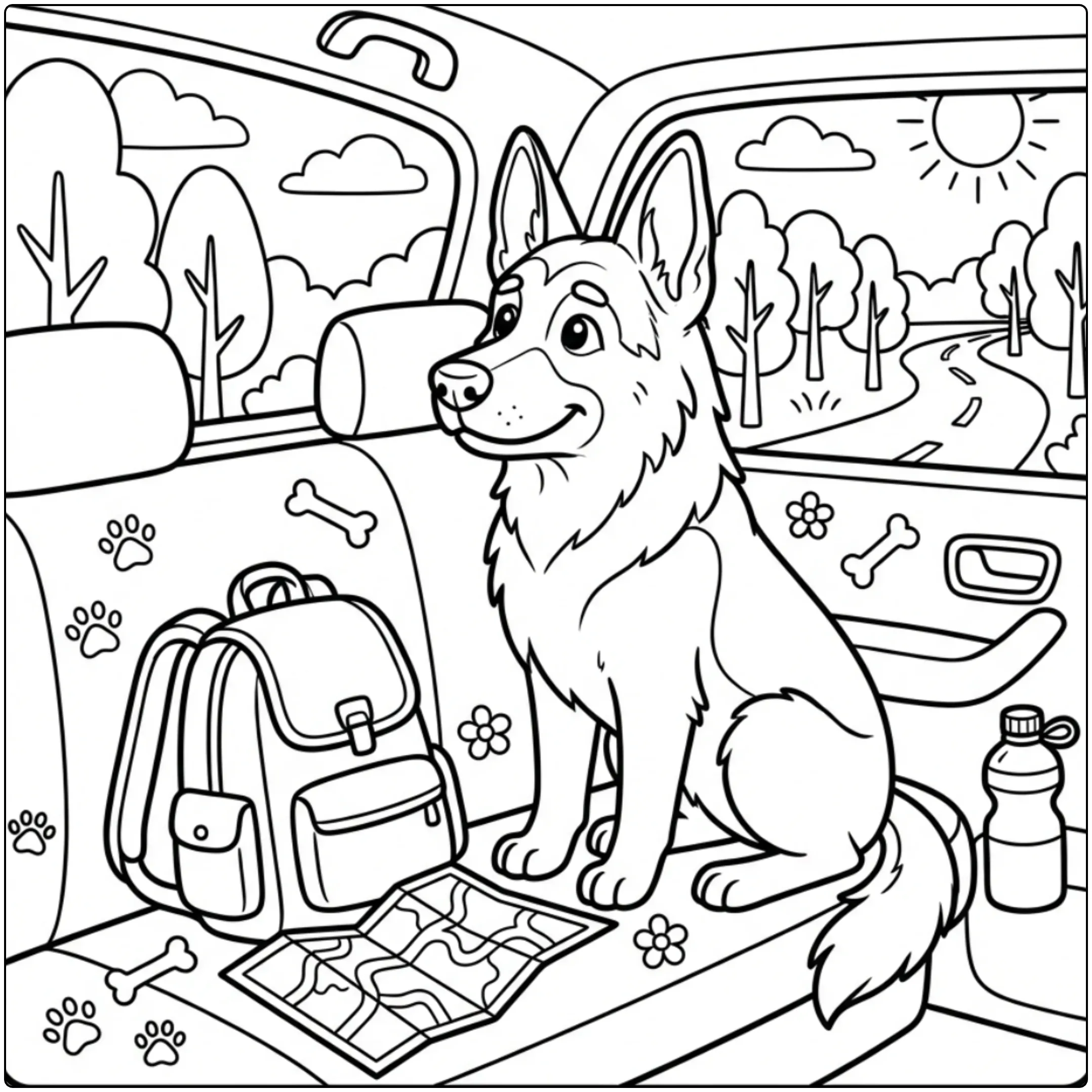Cute German Shepherd coloring page in a car with travel gear