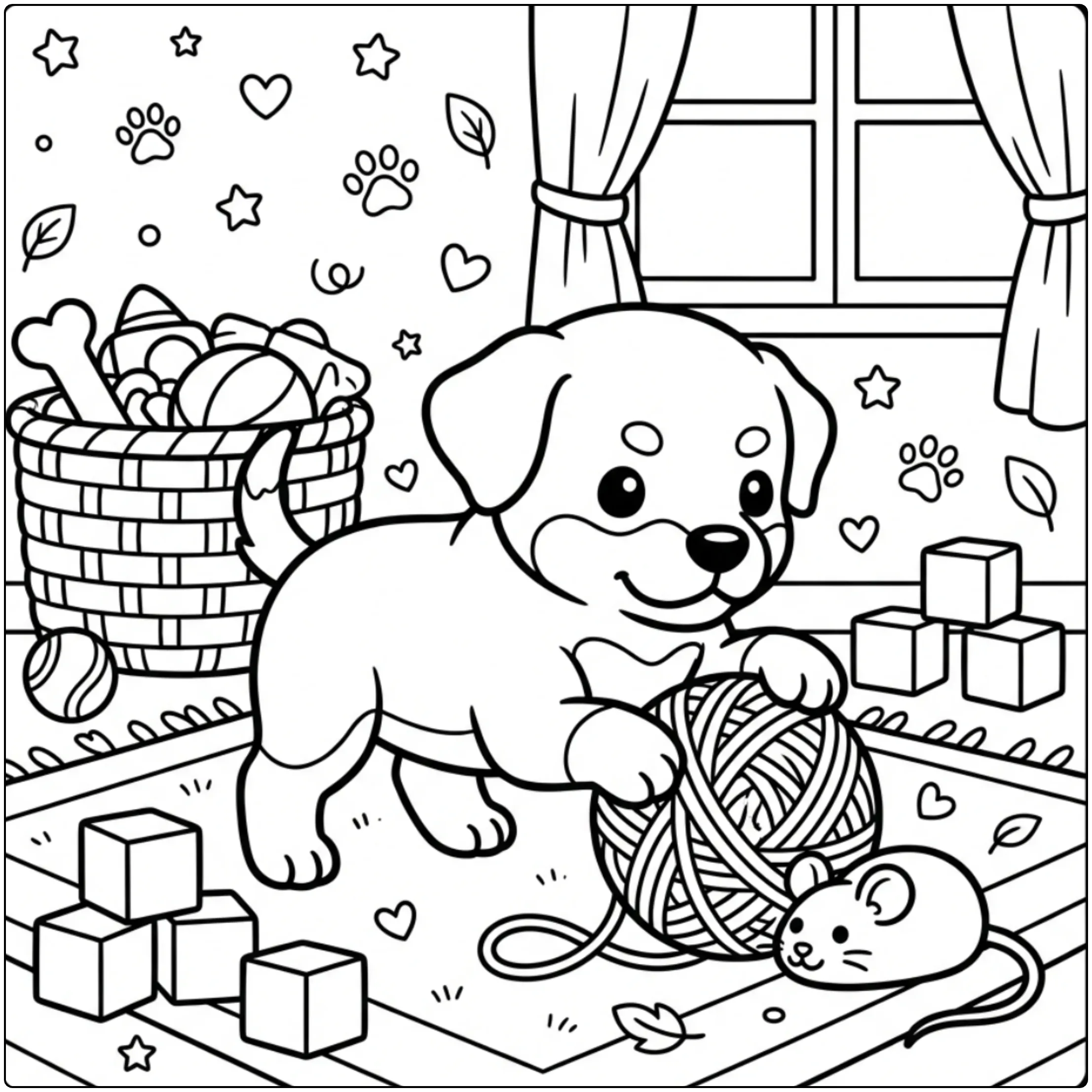 Cute Rottweiler puppy coloring page playing with yarn ball.