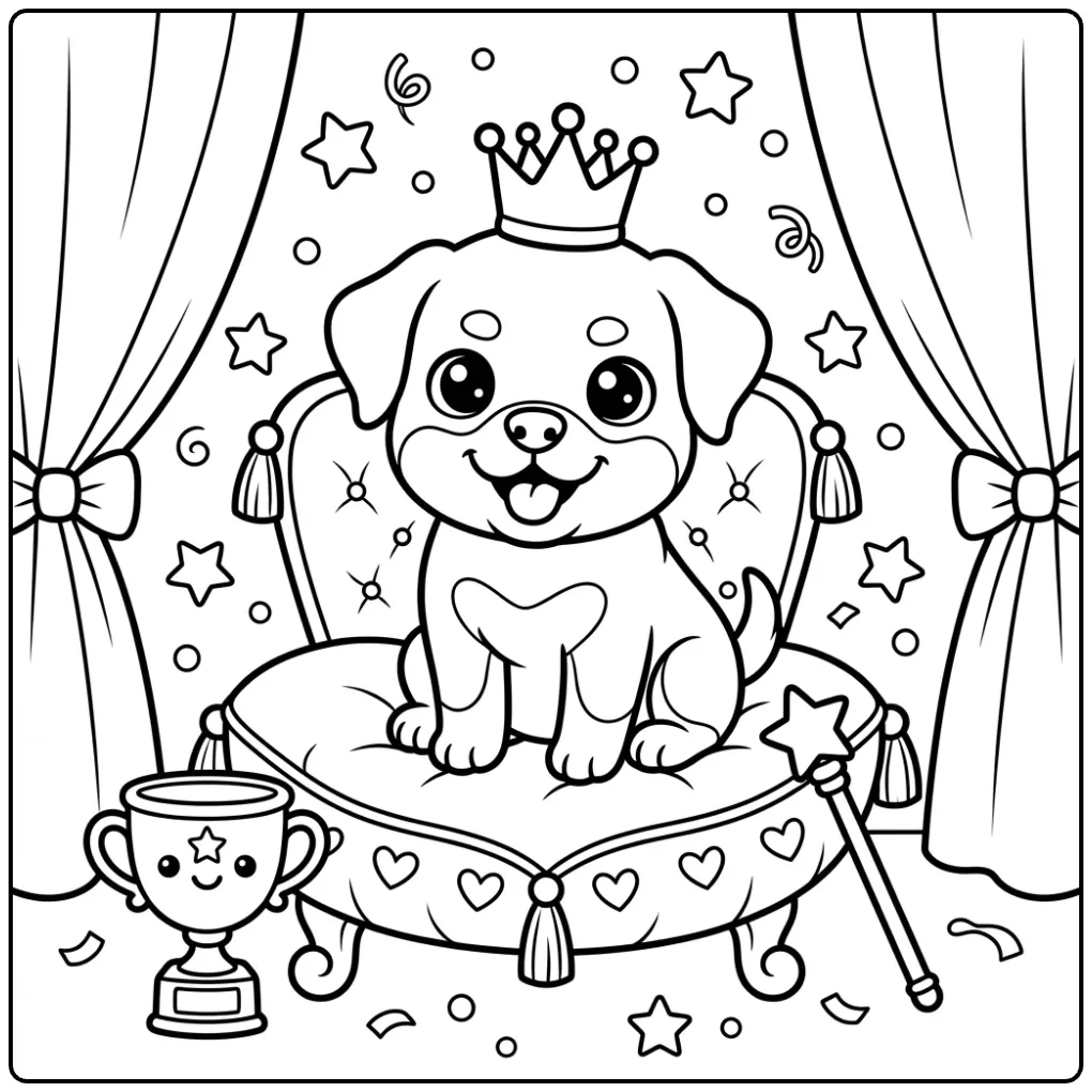 Printable Cute Rottweiler coloring page with crown.